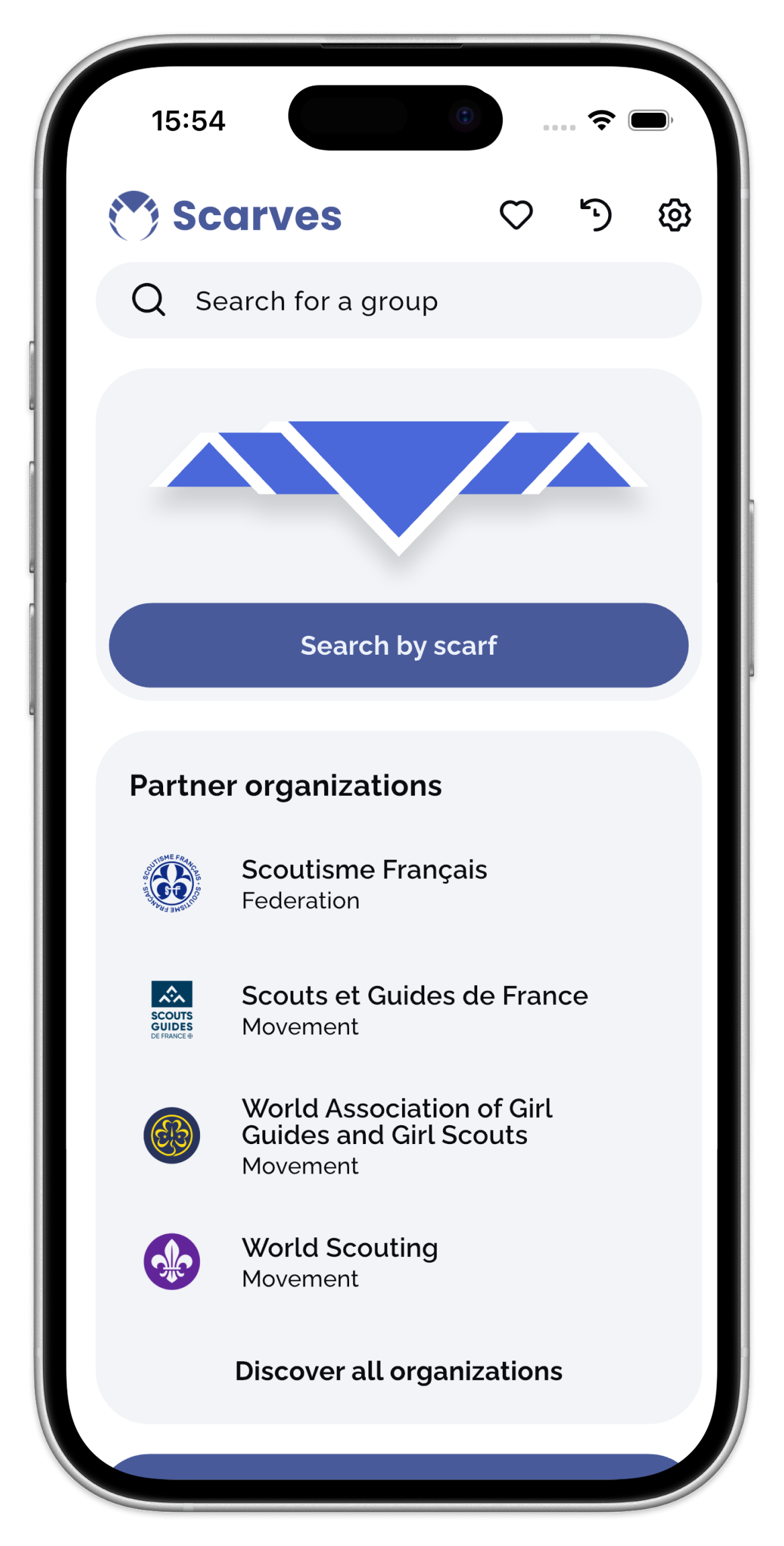 Scarves mobile app screenshot showing scout scarf directory interface